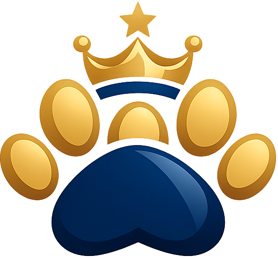 Logo with a blue paw print and gold crown on a white background
