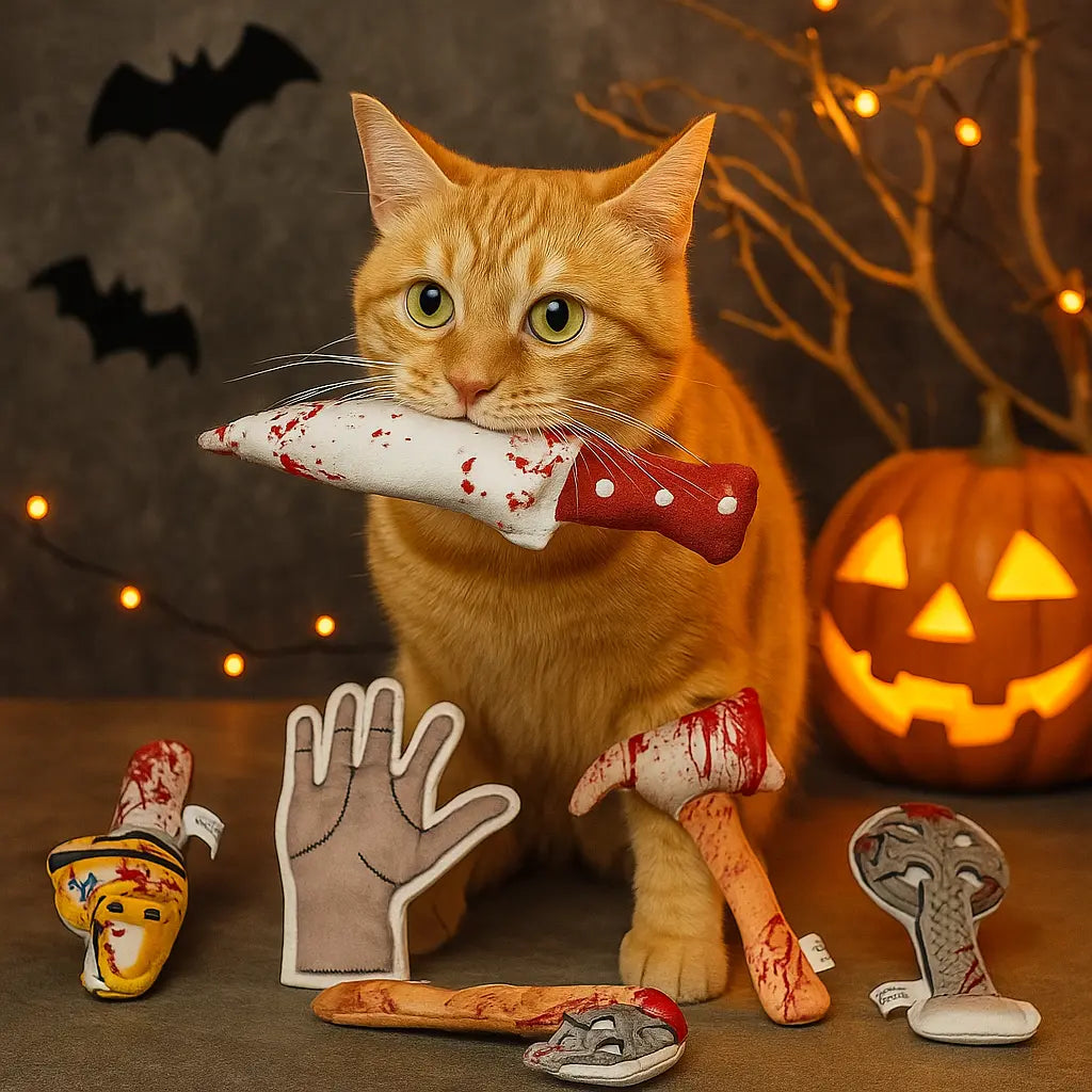 Puretoy 5 Pack Bloody Kitten Halloween Cat Toy Set, Premium Cat Herb Filling, Spooky Knife Toys for Cats, Teething & Kicking Fun, Halloween Gift